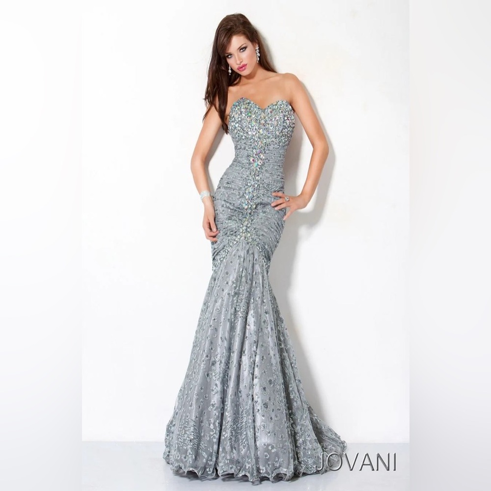 Jovani 4260 Strapless Mermaid Rhinestone Beaded Prom Dress Silver Evening Gown 8